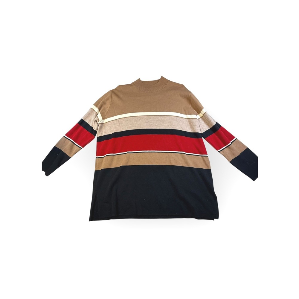 Karen Lessly 1X Striped Mock Neck‎ Sweater Camel Red Black White Long Sleeve